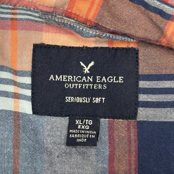 AMERICAN EAGLE XL Seriously Soft Plaid Button Down Shirt Coral Blue Cotton SS - Picture 3 of 10